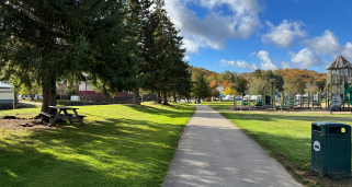 Park pathways, green grass, green garbage can on lower right, playground on right side of pathway, trees starting to change colour in the foreground.